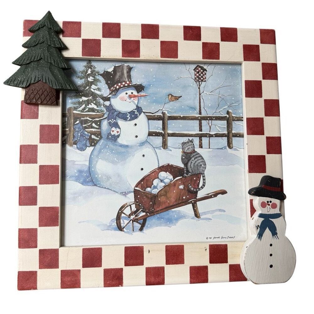 Sandi Gore Evans Folk Art Christmas Snowman Picture wooden hand painted frame